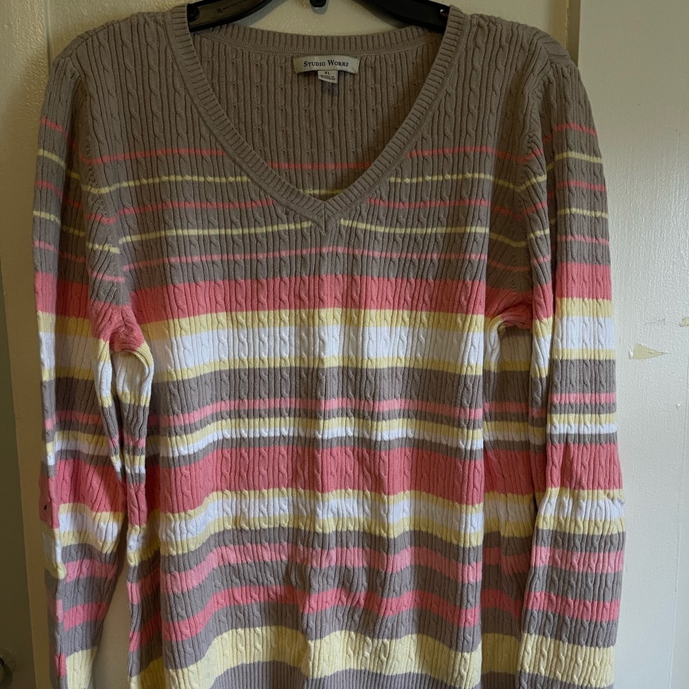 Studio Works Tan and Yellow V-Neck Sweater
